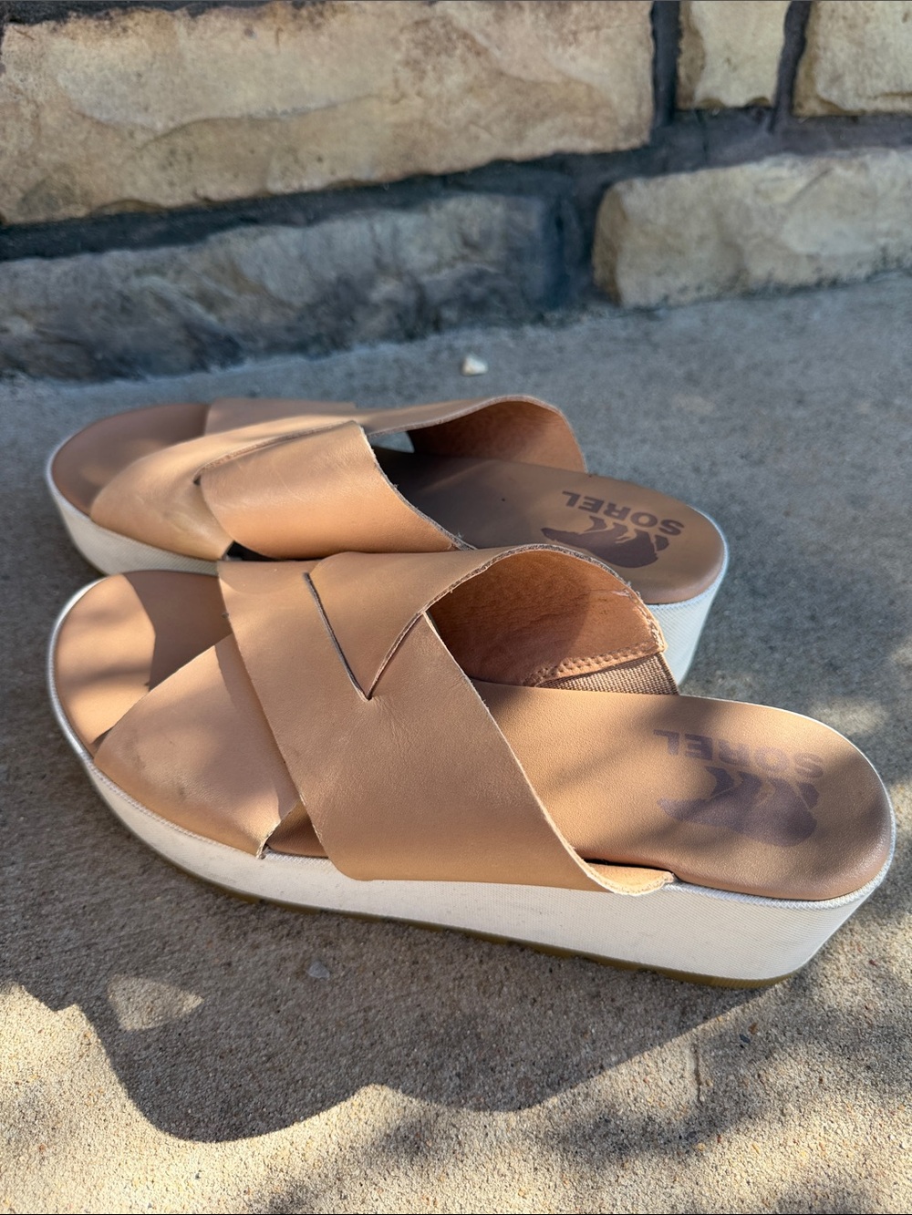 Sorel Cameron Platform Wedge Sandals Womens 8 Tan Leather Slide NL4633-246 Good